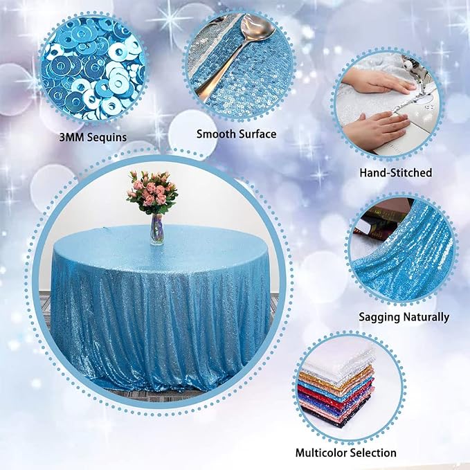 Sequin Tablecloth for Parties 132 Inch - Sparkle Glitter Cloth Round Table Cover Overlay for Wedding Baby Shower Ceremony Birthday Cake Table Holiday Banquet Decoration(Baby Blue)