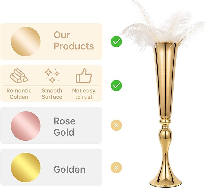 Metal Trumpet Vases for Centerpieces - Set of 10 Elegant Gold Vases for Table, 21.9" Tall Flower Stands for Table Centerpieces Anniversary Celebration Christmas Event Party Home Wedding Decorations