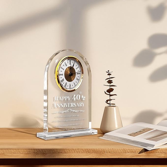 40th Wedding Anniversary Clock Gifts for Couples - Elegant Crystal Glass Clock Keepsake for Husband & Wife - Unique Home Decor for 40 Years of Marriage