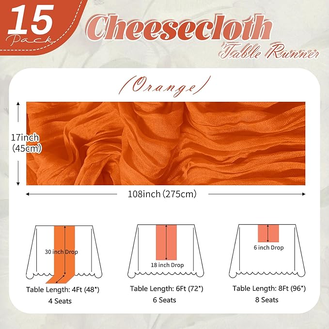 15 Pack Orange Cheesecloth Table Runner 17 x 108 inch Cheese Cloth Table Runners 9ft Orange Table Runner Rustic Romantic Sheer Gauze Runner for Wedding Party Baby Shower Table Decoration