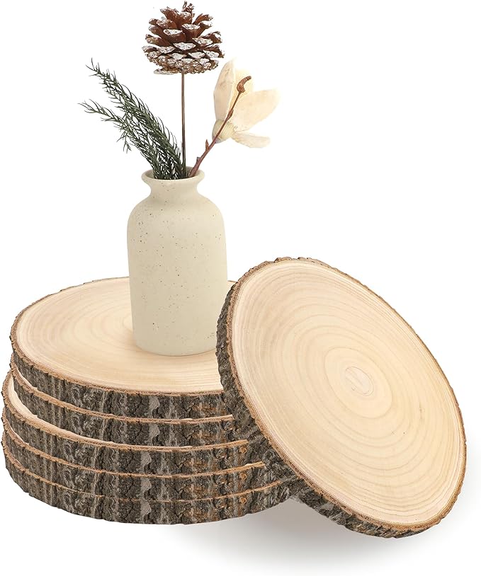 6 Pack Round Wood Slices for Centerpieces, 10-12 Inch Rustic Wood Slices for Crafts, Unfinished Wooden Circle with Tree Bark for Tables Sign Crafts DIY Project Decorations