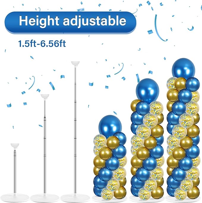 2 Sets Metallic Blue and Gold Balloon Column Stand Kit with 100 Balloons Adjustable Balloon Tower Stand with Bases for Floor Navy Blue Gold Balloon Column Kit for Graduations Summer Birthday Decor