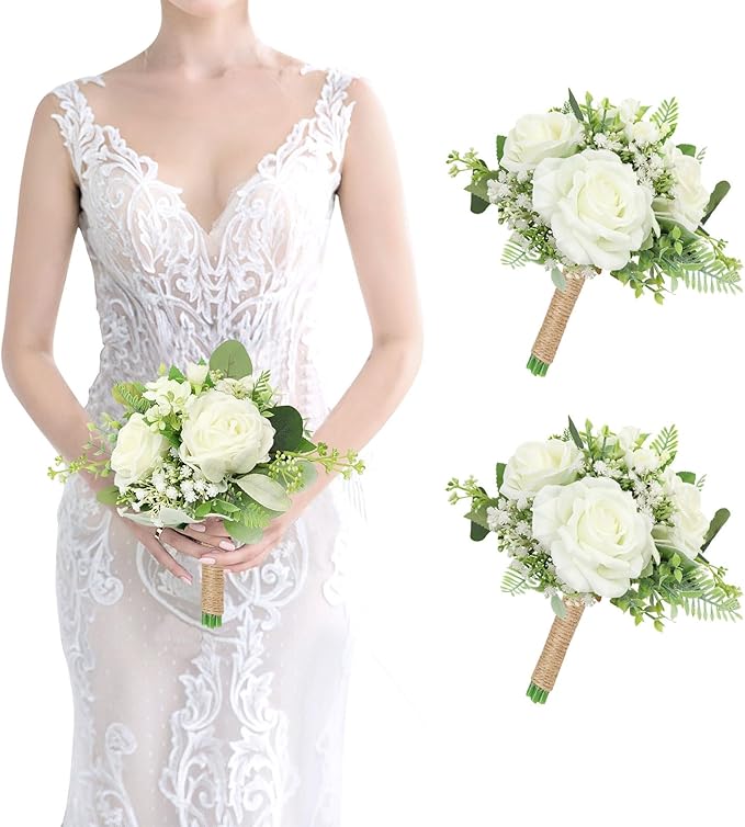Wedding Bridesmaids Bouquet Set of 2 Artificial Flowers Bouquets for Bridesmaid Pre-Made 7 Inch Faux Small Floral Bouquets Bridal Shower, Wedding, Ceremony, Anniversary - Ivory White