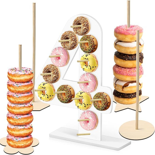 5 Pcs Donut Stand Set, Doughnut Party Supplies Include 1 Pc Digit Donut Wall Display Stand, 4 Pcs Doughnut Wall, for Birthday Wedding Party (White number 4)