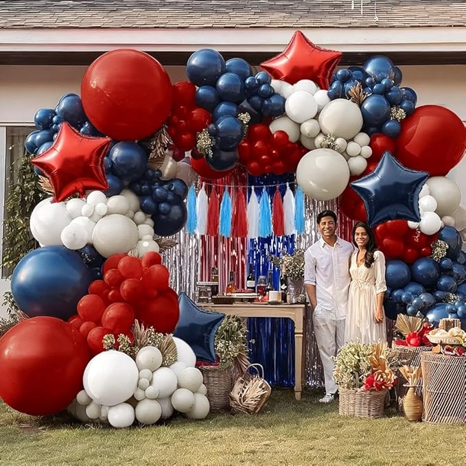 Navy Blue Red Balloon Garland Double Stuffed Red White Blue Balloons Nude Cream Sand Latex Arch Kit for Birthday Baby Shower Patriotic Graduation Baseball 4th of July Party Decorations