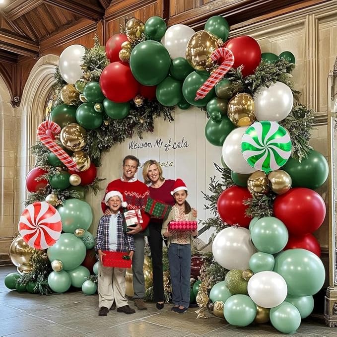 Christmas Balloon Arch Kit, Double Stuffed Red Green White Pearl Balloon Garland Sage Green Red Gold Balloons With Candy Cane Balloons for Christmas Birthday Xmas Santa Holiday New Year Party Decor