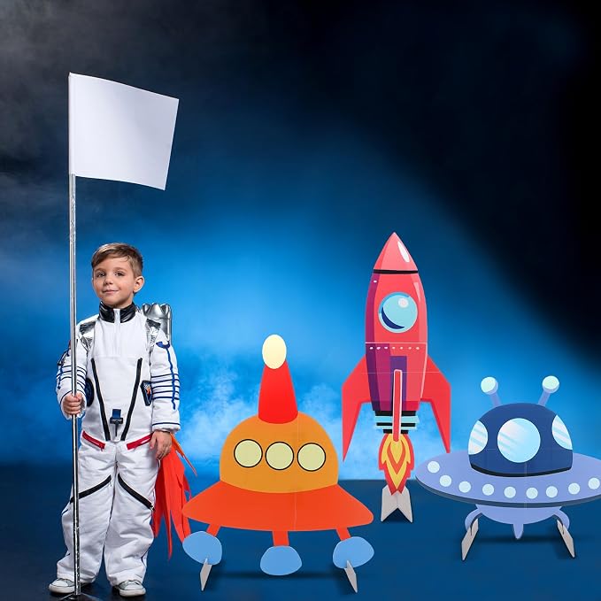 Leinuosen 3 Pcs Large Space Party Stand Decorations for Back to School Classroom Set Spacecraft Rocket Baby Shower Decorations Outer Space UFO Theme Birthday Camping Party Supplies Decor for Birthday