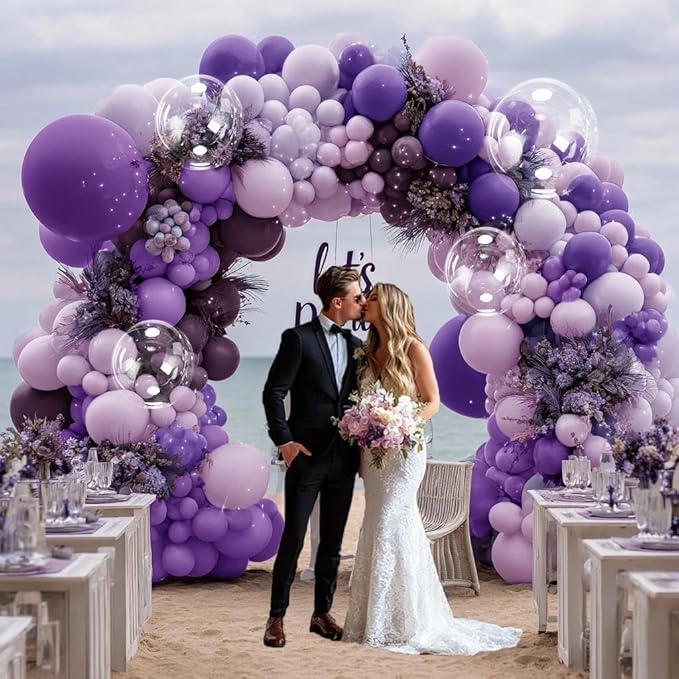 Purple Lavender Balloon Arch Double Stuffed Dark Purple Lilac Balloon Garland Kit With Clear Balloons for Birthday Wedding Butterfly Bridal Baby Shower Fairy Wild Flower Valentine Party Decor