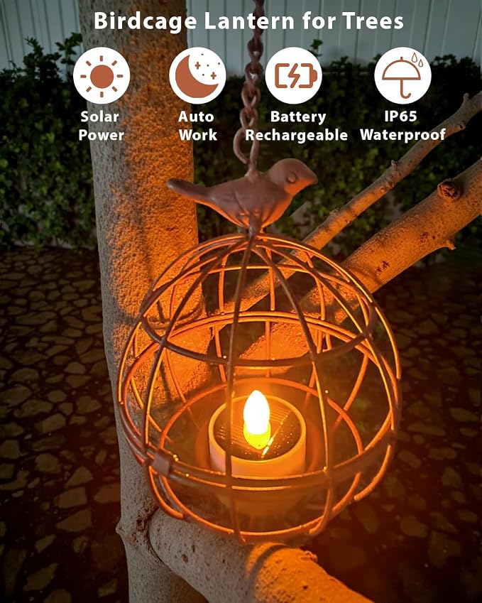 Outdoor Solar Hanging Lantern Lights, 4 Pack Rustic Ball Birdcage Hanging Candle Holder with Solar Tea Lights, Outdoor Waterproof Decorations for Patio, Backyard, Pergola, Tree Decor (Dark Orange)