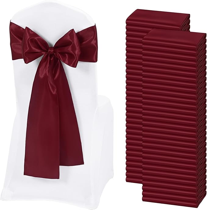 60 PCS Burgundy Satin Chair Sashes, Ties Bows Designed Chairs Decorative, Chair Cover Sashes for Thanksgiving Wedding Christmas Banquet Party Home Kitchen Decoration (7 x 108 inch)