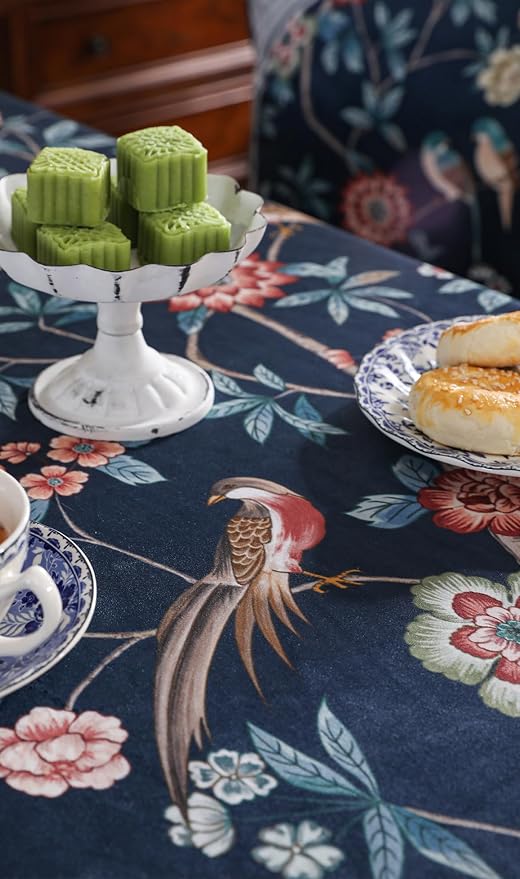 patdrea Elegant Vintage Linen Tablecloth,Rectangular,118"x67"-Lanruoting | Vintage Table Cloth for Rectangle Table,Blue Oriental Bird Floral Print,Dining Tea Party Thanksgiving Coffe Table Decor