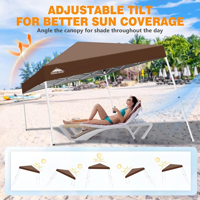 EAGLE PEAK 10x10 Slant Leg Pop-up Canopy Tent Easy One Person Setup Instant Outdoor Beach Canopy Folding Portable Sports Shelter 10x10 Base 8x8 Top (Dark Brown)