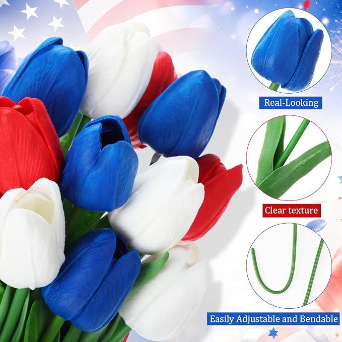 12 Pack Red White Blue 5 ft Artificial Hanging Tulips Garland, 4th of July Dangling Faux Tulip Wall Ceiling Patriotic Hanging Flower for Independence Day 250th Anniversary Home Party Decor