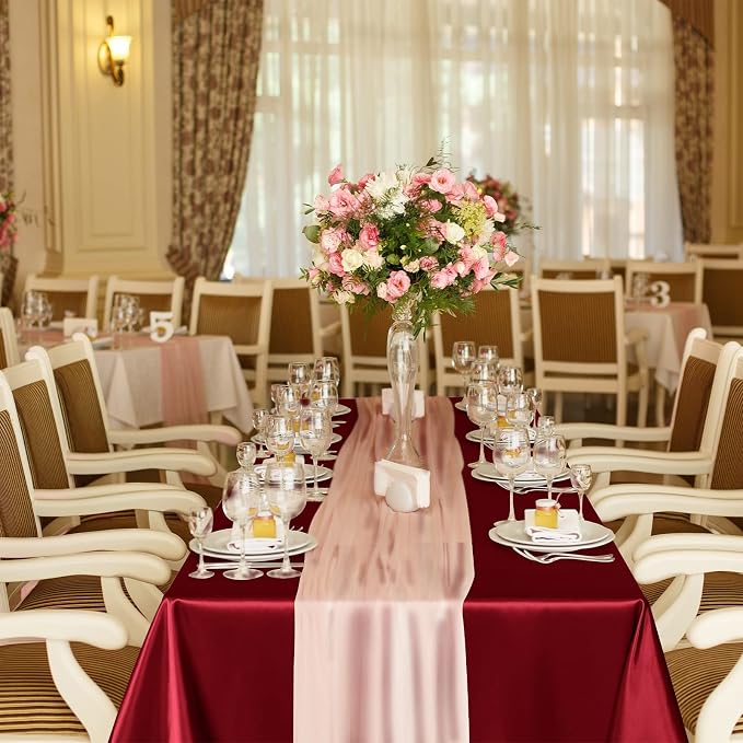 TURSTIN 4 Packs Satin Tablecloth 102 x 58 Inch Overlay Satin Table Cover Rectangle Bright Silk Tablecloth Smooth Fabric Table Decoration for Wedding Banquet Party Events, Burgundy
