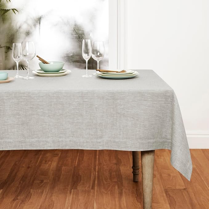 Solino Home Linen Tablecloth 60 x 156 Inch - 100% Pure Linen Oyster Grey Table Cloth for Rectangle Tables - Athena, Machine Washable Tablecloth for Summer, Mothers Day