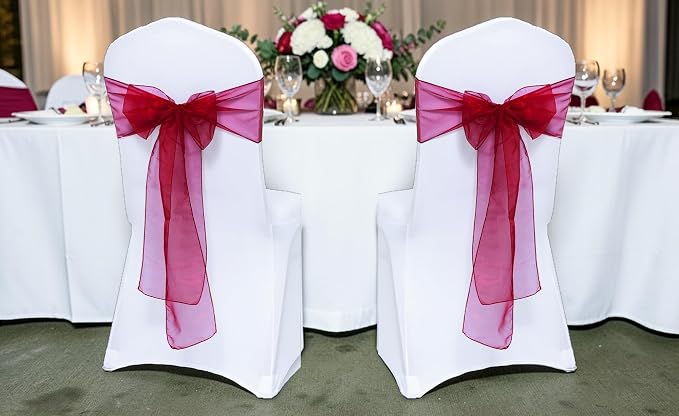 MDS® Pack of 25 Organza Chair Sashes for Wedding Decoration, Reusable Sheer Chair Bows for Banquet Chair Cover, Reception, Bridal Shower, Baby Shower, Birthday Party & Special Events - Maroon