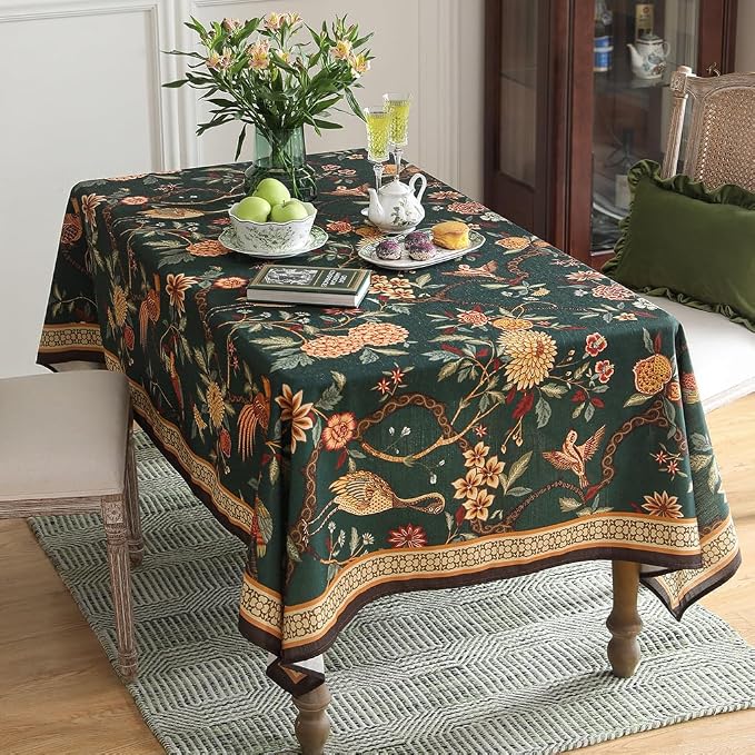 ISAENNE Designer Linen Green Square Tablecloth,67"x67"-Mitchell | Vintage Elegant Table Cloth for Square Table,Floral and Bird Pattern,Heavyweight,Dining Room,Kitchen,Thanksgiving,Decor