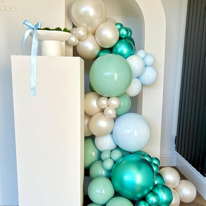Teal Balloon Arch, Double Stuffed Chrome Teal Macaron Blue Green Balloon Garland, Pearl White Sand Metallic Turquoise Mint Green Balloons for Birthday Under The Sea Ocean Shark Beach Theme Party Decor