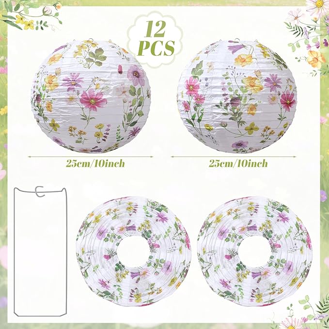Honoson 12 Pcs Wildflower Paper Lanterns Spring Floral Watercolor Wildflower Party Decorations Hanging 10 Inch Chinese Lanterns for Wedding Bridal Shower Baby Shower Tea Party Decorations