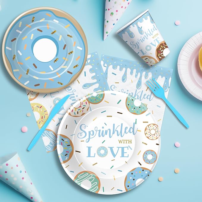 Donut Baby Sprinkle Decorations Boy, Blue Sprinkled with Love Theme Donut Baby Shower Party Supplies, Disposable Paper Plates, Cups, Napkins, Banner, Swirls, Cutlery, Tablecloth, Serves 24