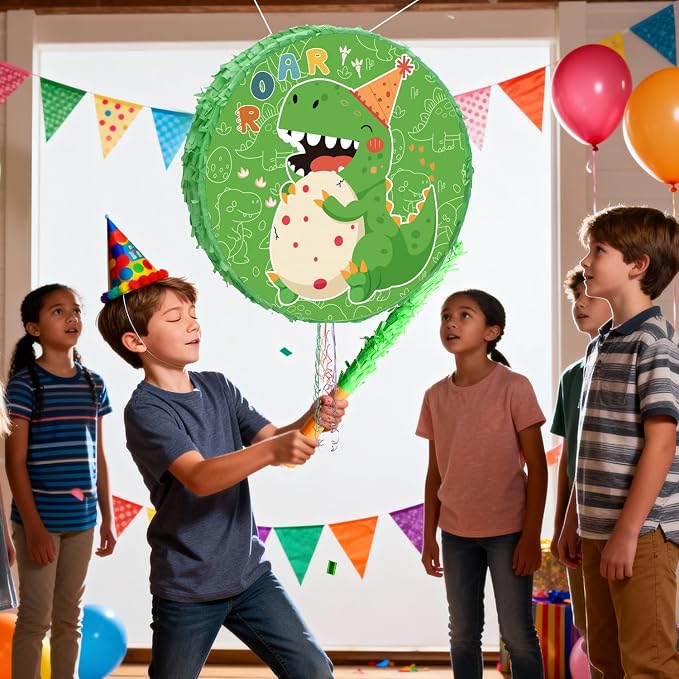 4 In 1 Dinosaur Round Piñata, 17.58'' Dinosaur Piñata Bundle, Dinosaur Birthday Party Decorations Stick etc Dino Party Pinata for Dinosaur Party Favor Bag Fillers Decorations