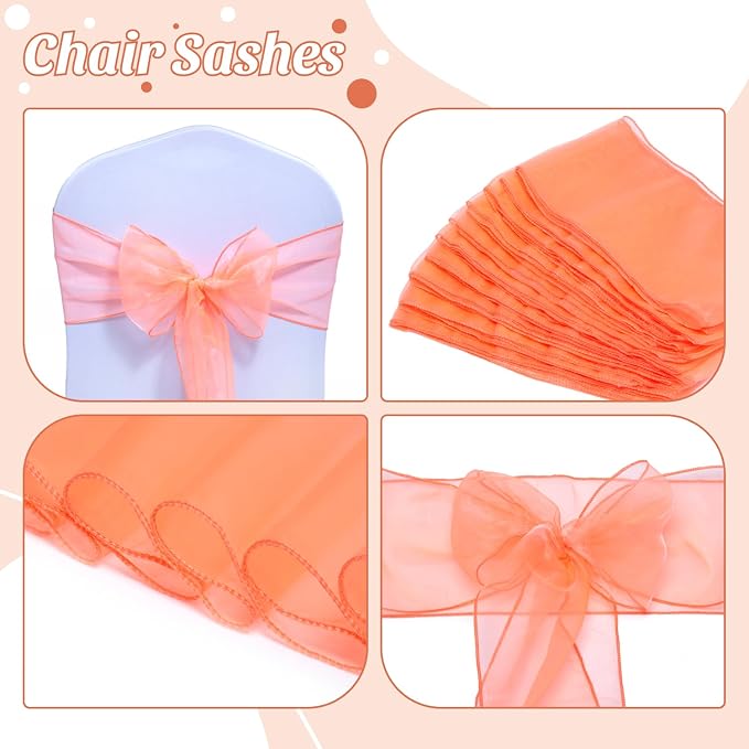 MDS® Pack of 50 Organza Chair Sashes for Wedding Decoration, Reusable Sheer Chair Bows for Banquet Chair Cover, Reception, Bridal Shower, Baby Shower, Birthday Party & Special Events - Light Orange