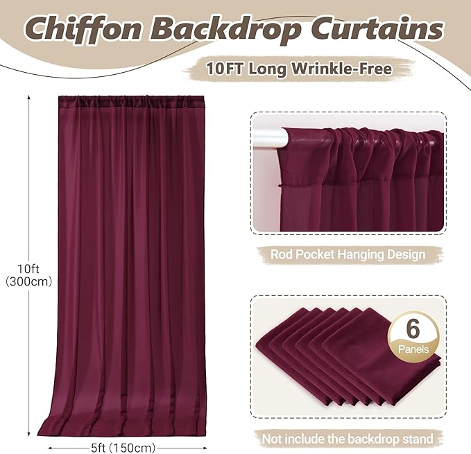 30ft x 10ft Burgundy Backdrop Curtains, Wrinkle-Free Sheer Chiffon Fabric Photo Backdrop Drapes for Wedding Arch Party Ceremony Stage Photography Decorations