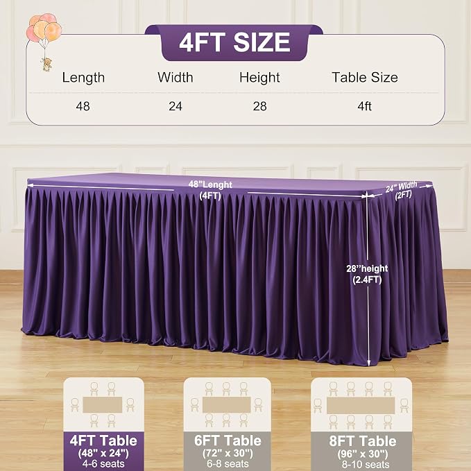 2 Packs Purple Polyester Tablecloths Rectangle Tables 4ft, Stretch Fitted Table Covers for 4 Foot Tables Wrinkle Free Rectangle Table Cloth with Skirt for Birthday Party Events Banquet Baby Shower