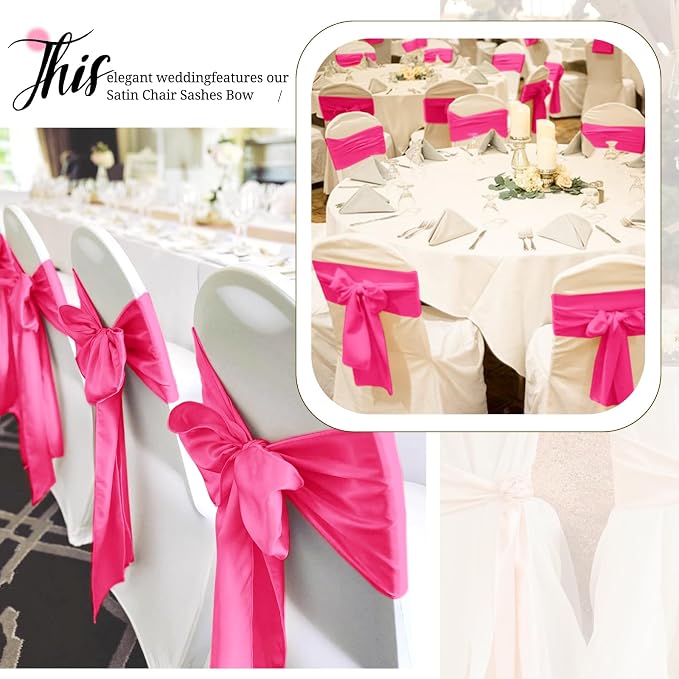 Pesonlook 60 PCS Hot Pink Satin Chair Sashes Bows Satin Chair Sashes Universal Chair Cover for Wedding Reception Restaurant Event Decoration Banquet,Party,Hotel Event Decorations (7 x 108 inch)