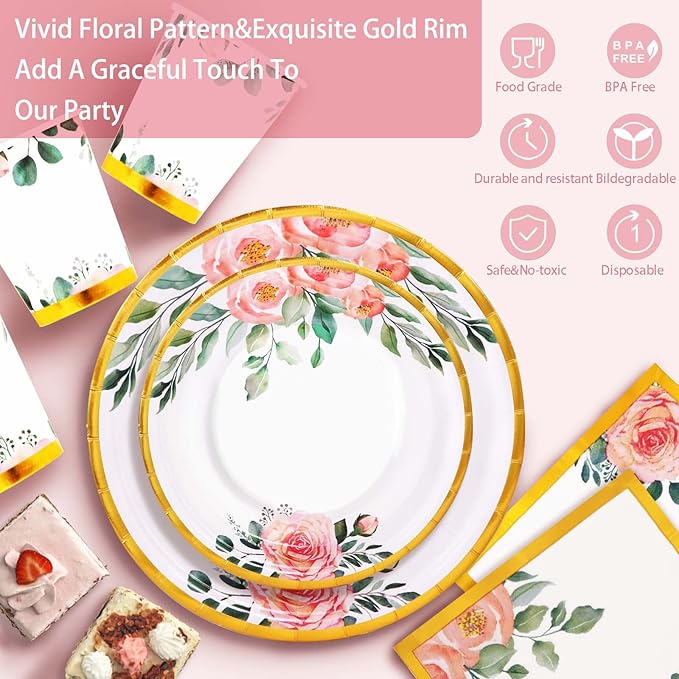 350PCS Floral Paper Plates Set, Disposable Plates With Gold Rim Serve 50 Guests, Party Supplies for Adults Garden Tea Party Bridal Shower Decorations