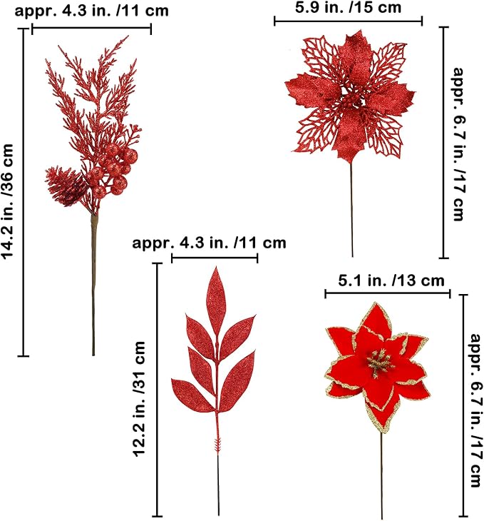 Winlyn 35 Pcs Christmas Artificial Poinsettia Flowers Picks and Artificial Leaves Sprays Red Glitter Christmas Picks for Red Christmas Tree Holiday Floral Arrangement Centerpiece Wreath Garland Décor