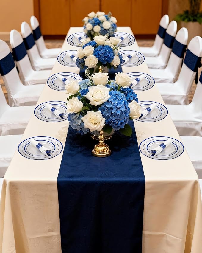 Goodluck 175 Pcs Clear Blue Disposable Plastic Plates Party Supplies | Plate Sets Include 50 Plastic Plates, 25 Pack Pre Rolled Napkins With Silverware, 25 Cups For Party, Wedding, Graduation