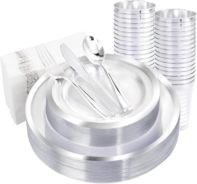 YOUBET 175PCS Clear Plastic Plates with Silver Rim include -Disposable Silver Plstic Plates Includes 50 Silvery Plastic Plate, 25Forks, 25Knives, 25Spoons, 25Cups, 25Napkins for Wedding & Party