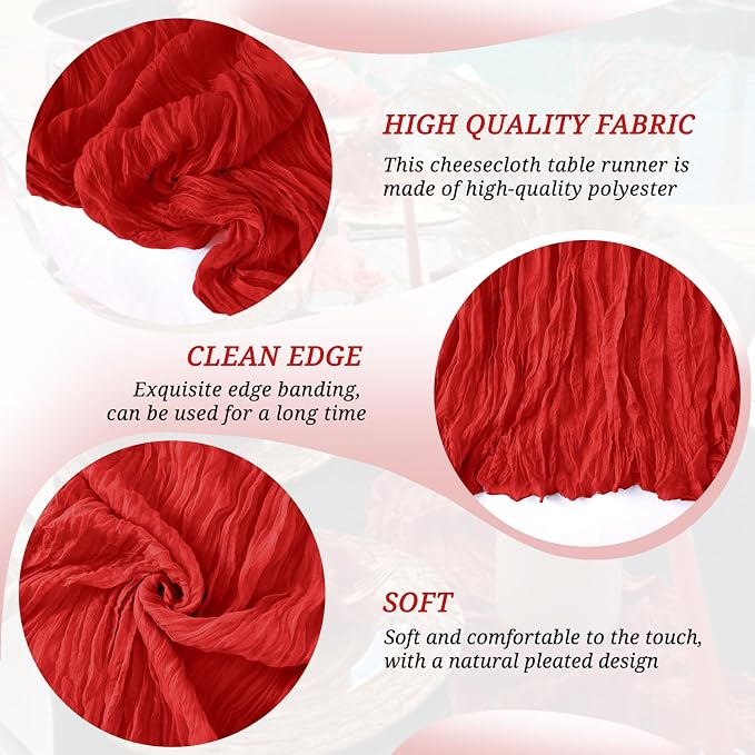 6 Pack Red Cheesecloth Table Runner 21x120 Inches, Boho Gauze Rustic Semi Sheer Cheese Cloth Table Runners for Easter Wedding Bridal Baby Shower, Birthday Party, Long Farmhouse Table Decor