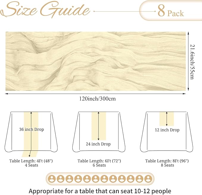 8 Pack Ivory Cheesecloth Table Runner 10FT Boho Gauze Cheese Cloth Table Runner Rustic Sheer Fabric Table Runners for Wedding Bridal Shower Baby Shower Party(21.5×120 Inch)