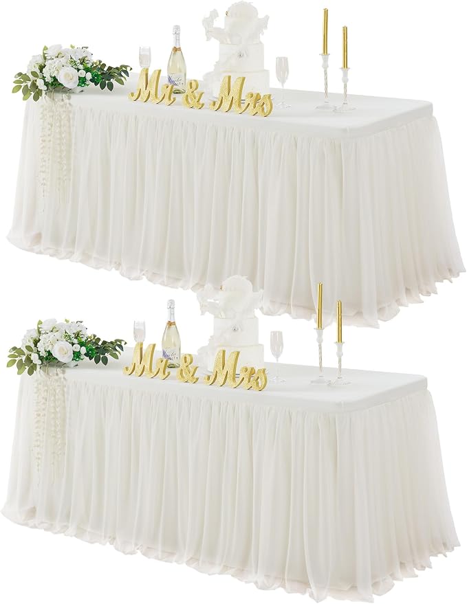 familus Ivory Table Cloths 8 Foot Rectangle 2 Pack Stretch Ruffle Tulle Tablecloth Spandex Fitted Table Cover for 8 Foot Tulle Table Skirts for Party Wedding Table Cloths, Banquets