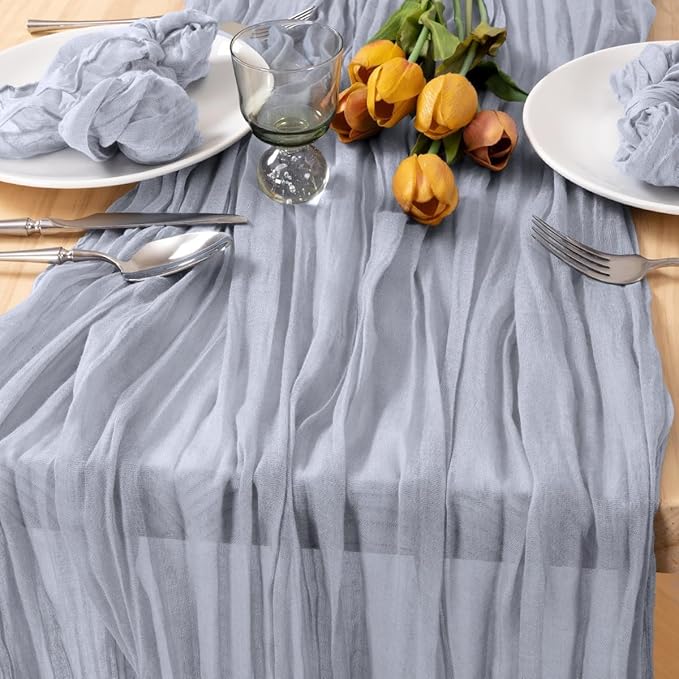 MLMC Grey Cheesecloth Table Runner 10ft Sheer Rustic Gauze Spring Cheese Cloth Centerpiece Decor 35x120 Inches for Wedding Party Bridal Shower Birthday Decor