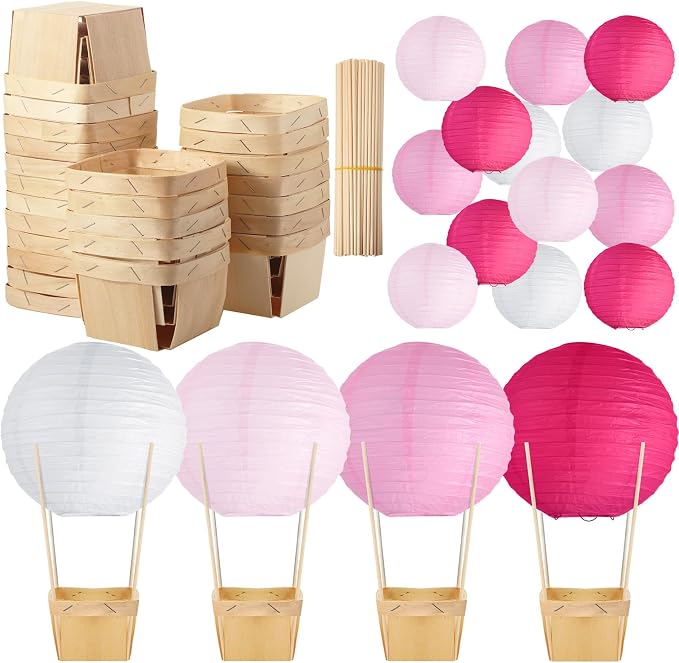 Namalu 24 Set Hot Air Balloon Table Centerpieces Baby Shower Party Decoration Paper Lanterns with Wooden Basket Sticks for Summer Birthday School DIY Craft(Hot Pink)