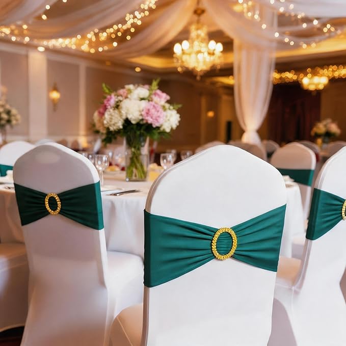 Pack of 50 Spandex Teal Chair Sashes with Gold Buckles, Stretch Chairs Sashes for Wedding Party Baby Shower Ceremony Event Decorations Chair Bands Bows (Teal Sashes, Gold Buckles)