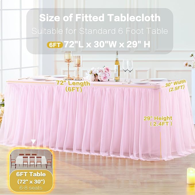 4 Pack Pink Table Cloth for 6 Foot Rectangle Tables, Pink Stretch Fitted Tulle Table Covers Skirt, Rectangular Ruffle Tutu Tablecloth Wedding Banquet Baby Shower Cake Tablecloths Decorations