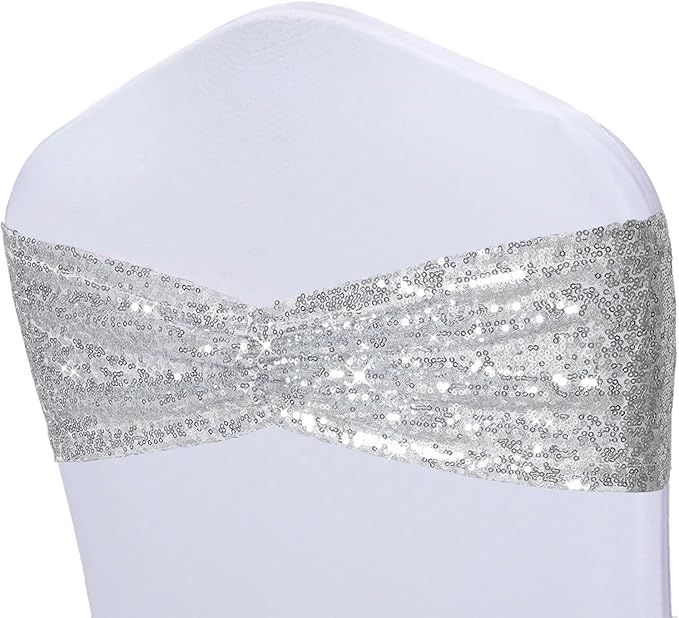 Poise3EHome Silver Sequin Chair Sashes Folding Chair Covers Bow for Party Wedding Reception Decorations, 100 PCS