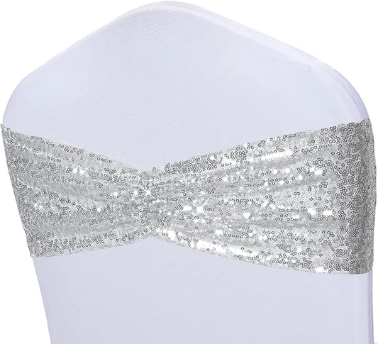 Poise3EHome Silver Sequin Chair Sashes, Double Sided Glitter Folding Chair Covers Bow for Party Wedding Banquet Reception Decorations, 50 PCS