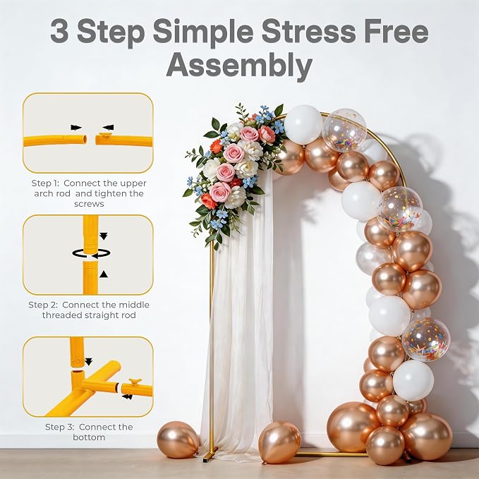 (7.2FT, 6FT) Gold Metal Arch Backdrop Stand for Weddings, Birthdays & Garden Decor, Semicircle Frame, Sturdy Powder-Coated Metal, Easy to Assemble, Indoor & Outdoor Use