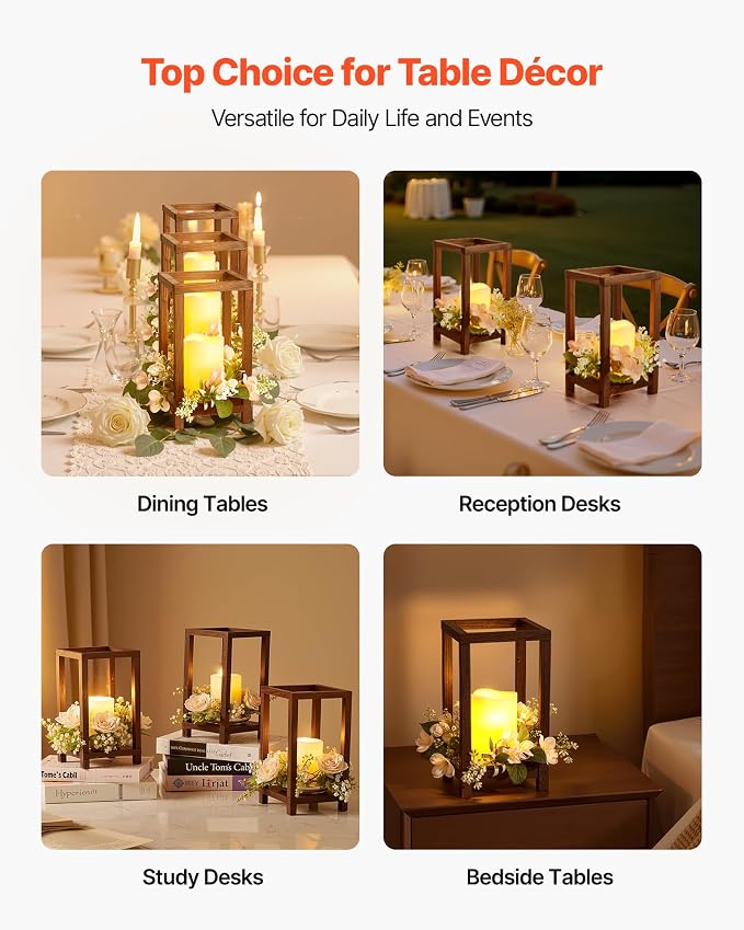 VEVOR 20 Set/60 Pcs Wooden Wedding Lantern Centerpiece, Includes 20 Wooden Lantern Candle Holder 20 Flameless LED Candle 20 Champagne Flower Wreath for Wedding Table Party Farmhouse Decor, Brown