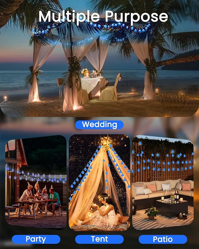 LORRYTE 2-Pack 120 LED Blue Solar String Lights Outdoor - 72FT Crystal Globe Waterproof Solar Powered Patio Lights for Outside with 8 Lighting Modes for Garden Yard Party Porch Decorations