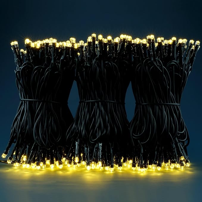 YULETIME 300 Warm White String Lights, 100 ft 8 Models Black Wire 5mm LED | Wide Angle Bulbs, Safe 29V Adapter, Multimode Lighting, Connectable, 100' Total Length, 1-Strand 300 Lights, 4" Spacing