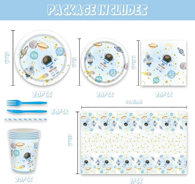 141Pcs Blue Outer Space Party Supplies for Baby Shower Birthday Party Decorations Moon Star Outer Space Planet Theme Plates and Napkins Forks Cups Straws Tablecloch Serves 20 Guests