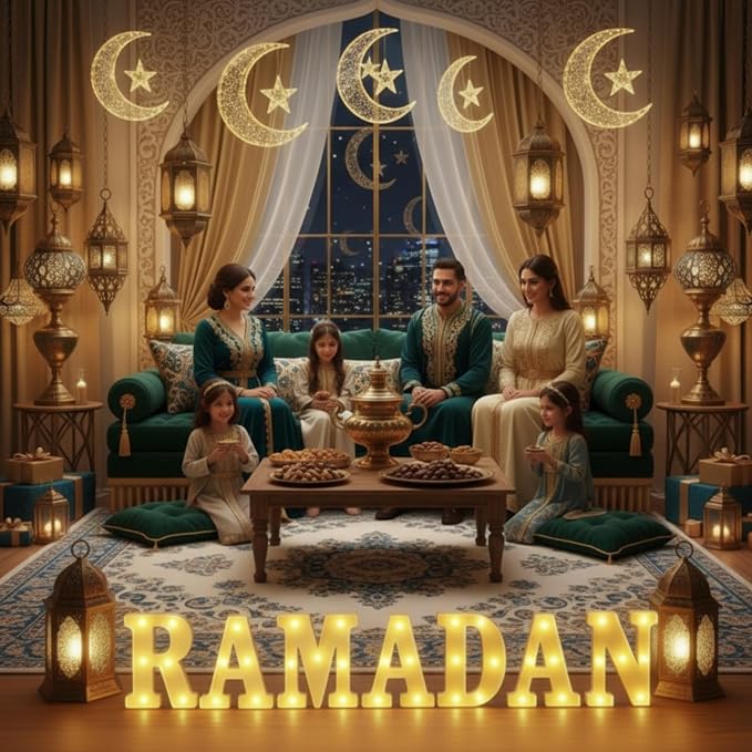 7 Pieces Large Ramadan LED Letter Lights Sign Ramadan Eid LED Marquee Lights Table Decoration for Eid Home Party Gift Tabletop Decoration