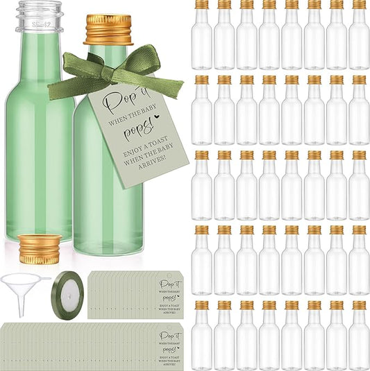 Roshtia 50 Pack Baby Shower Favors for Guests When She Pops, 1.7oz Empty Mini Liquor Bottles with Gold Screw Caps Funnels Tags Ribbon for Shots Baby Shower Return Gift (Sage Green)