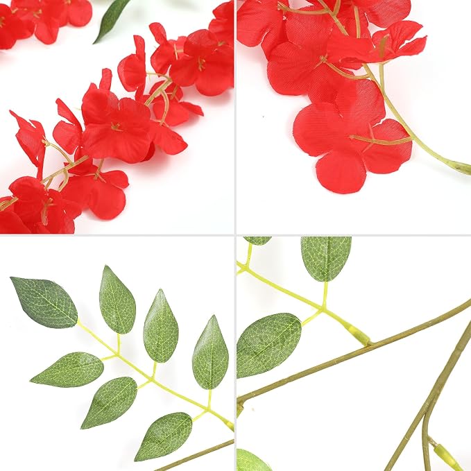 U'Artlines 24 Pack (Total 86.4 Feet) Artificial Fake Wisteria Vine Rattan Hanging Garland Silk Flowers String Home Party Wedding Decor (24, Red)